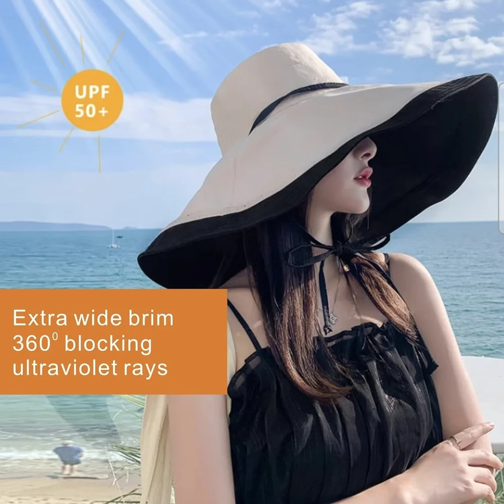 NWOT Foldable Women's Black And Cream Wide-Brim Reversable Sun Hat - Picture 2 of 5